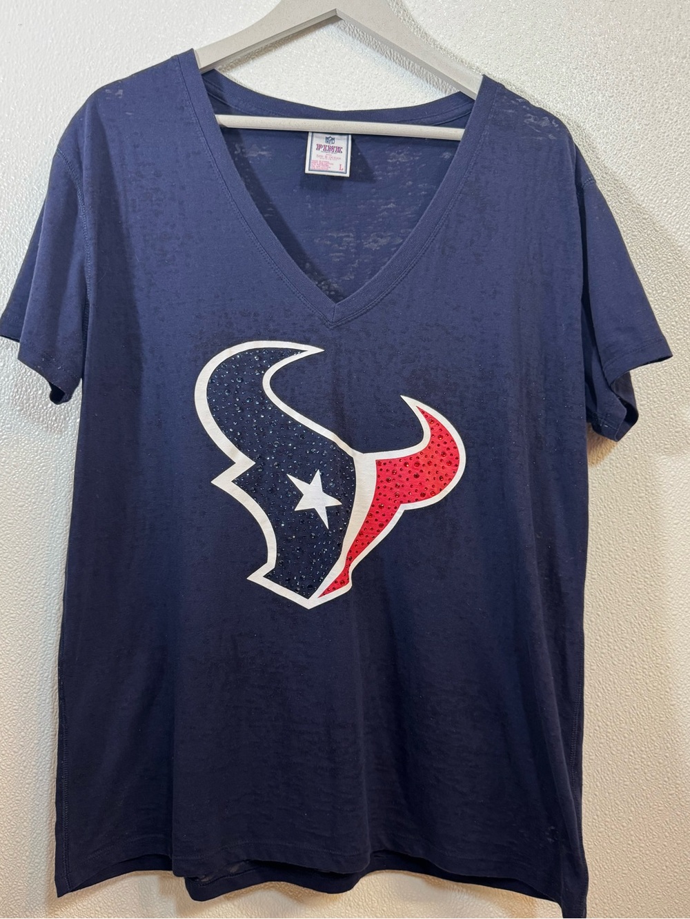 NFL Victoria's Secret Houston Texans Women's Navy V-Neck Logo Tee Sz L (E-41)